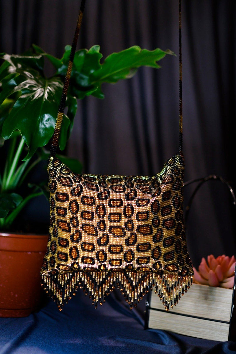 leopard print black gold brown beaded purse bag fringe