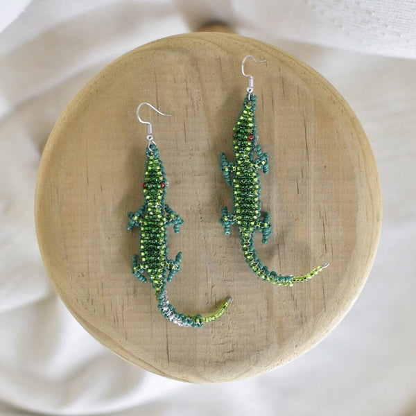 green littlefoot lizard animal beaded earrings