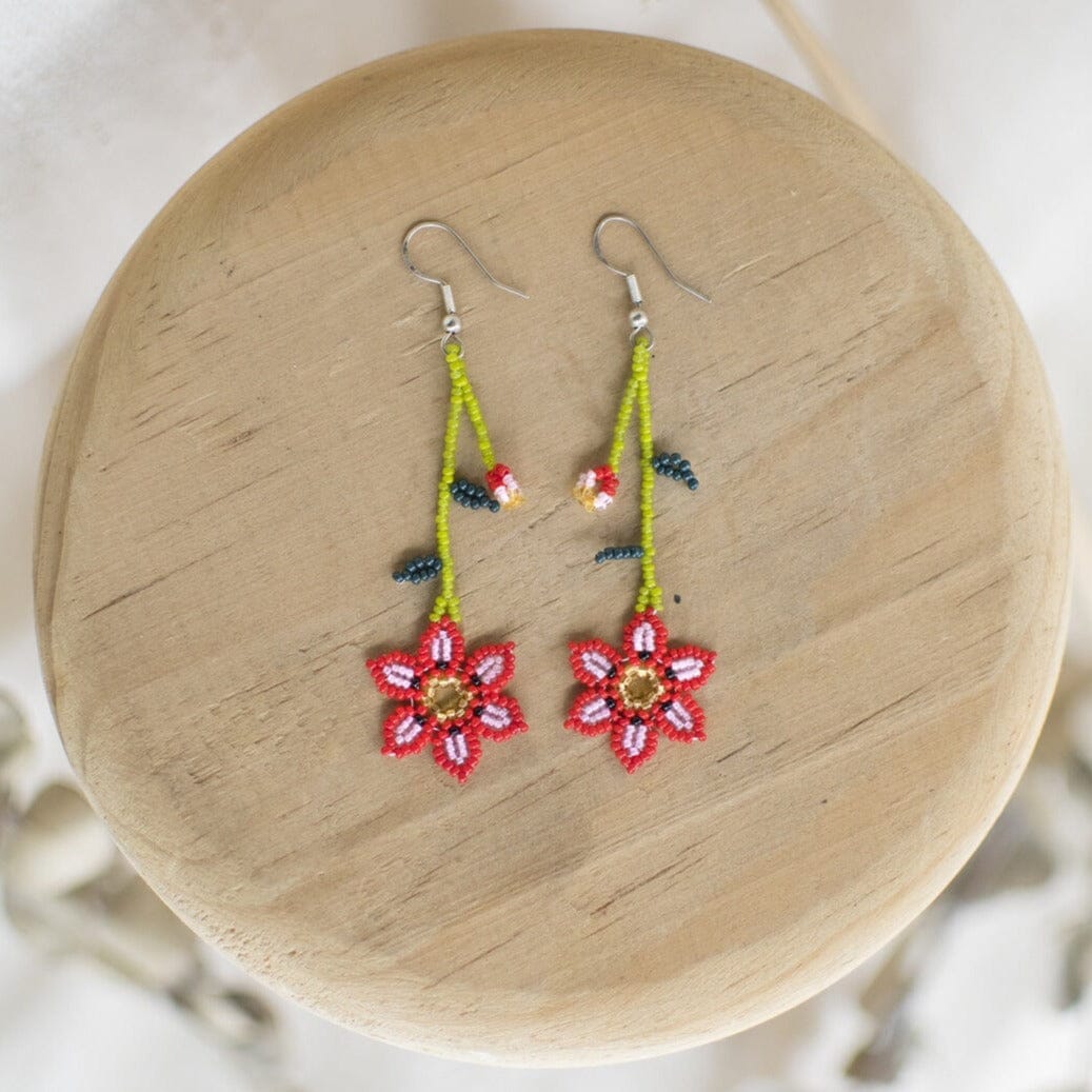 red pink green flower dangle beaded earrings