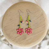 red pink green flower dangle beaded earrings