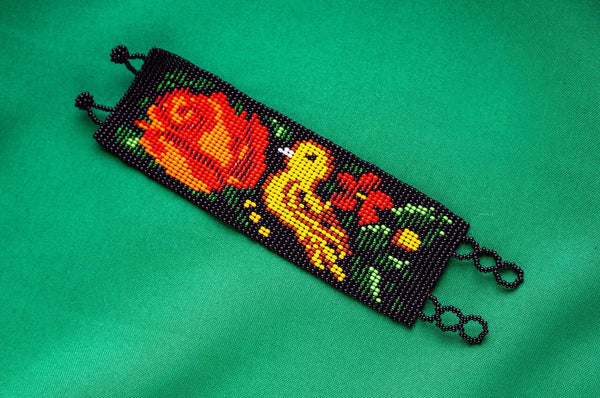 Ming Ming duck and rose black red yellow beaded bracelet cuff