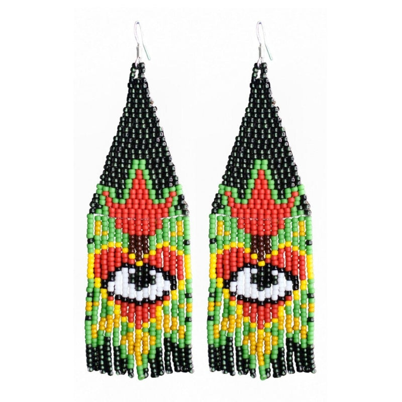 green red yellow white eye and heart miracle fringe beaded earrings