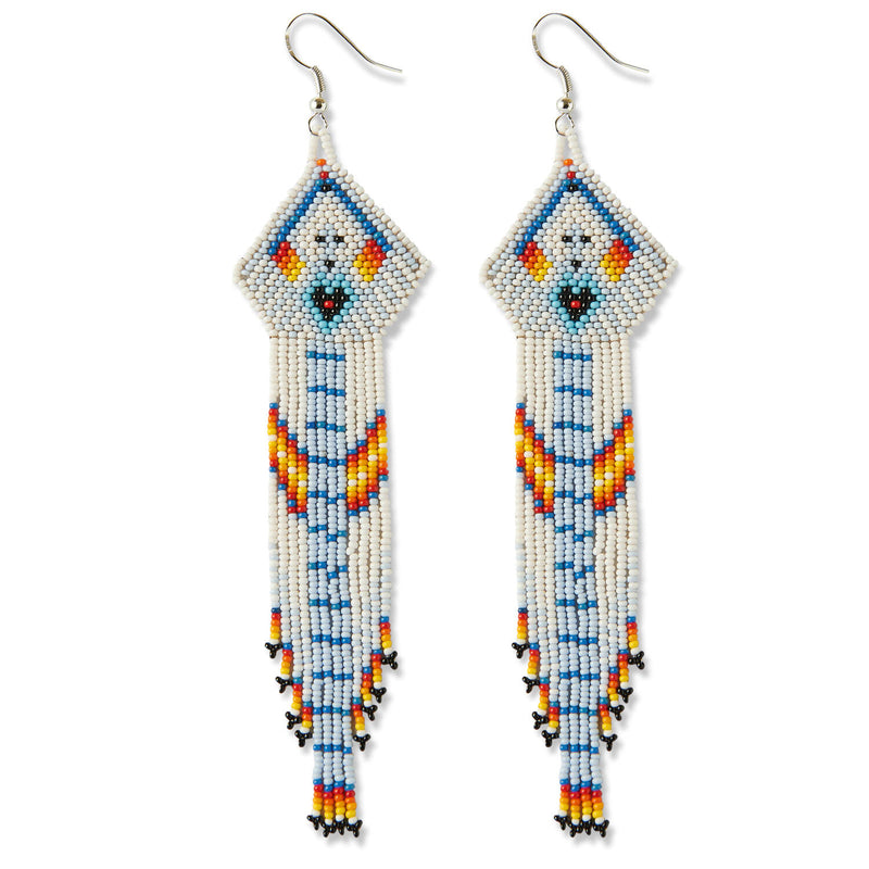 white blue red yellow native american fringe beaded earrings