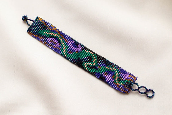 Orpheus purple snake green beaded bracelet cuff