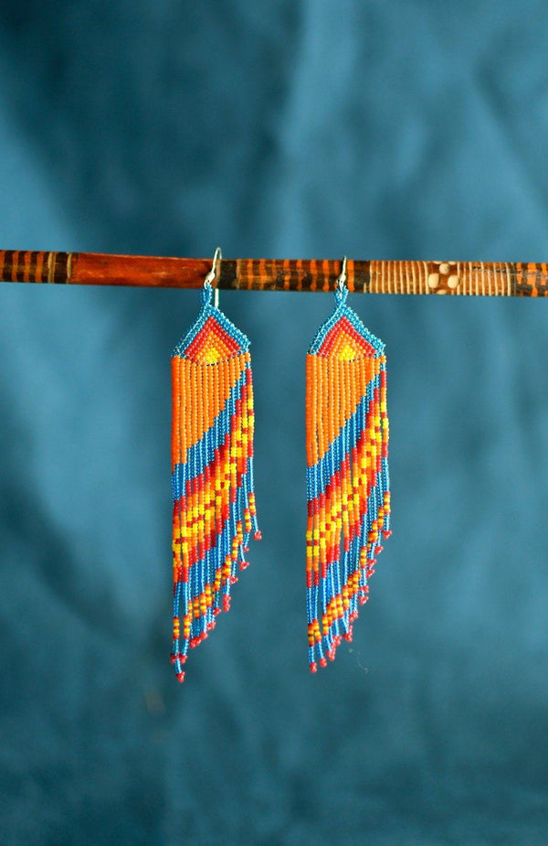 blue orange red yellow parrot tail micro fringe beaded earrings hanging on stick