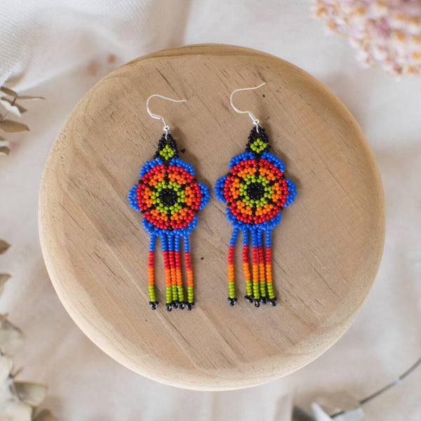 blue red green psychedelic beaded earrings