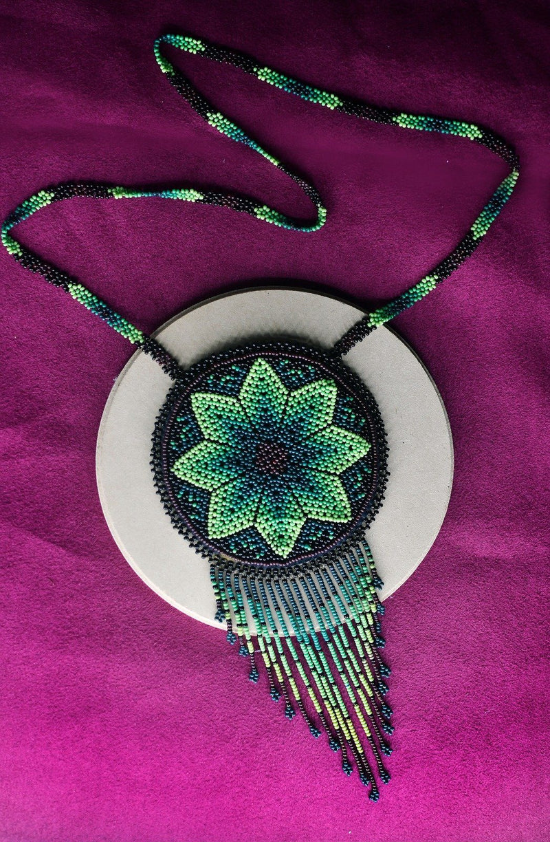 peyote green black beaded necklace bag fringe native american jewelry