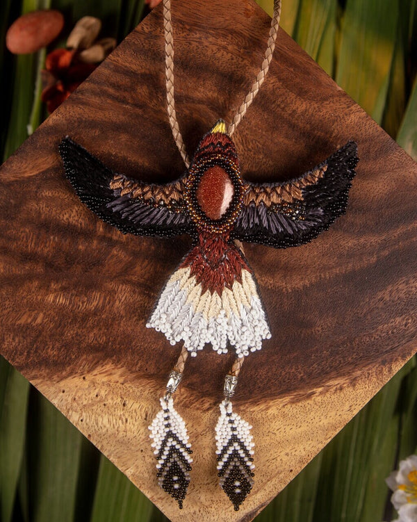 phoenix brown aventurine black white beaded Bolo Tie necklace necktie embroidered native american jewelry