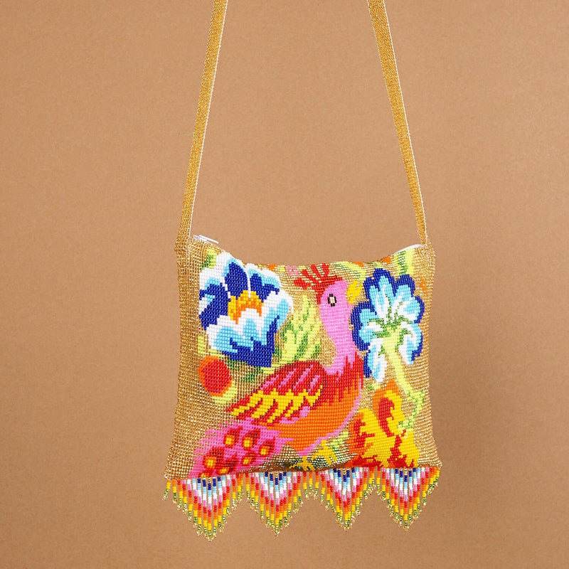 pink canary Gold, Pink, Blue, White, Yellow, Red bird beaded purse bag fringe