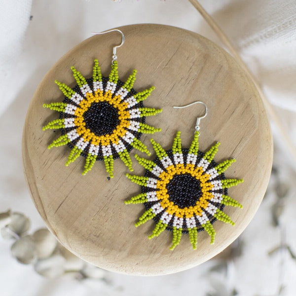 green yellow white flower blossom pinwheel round beaded earrings
