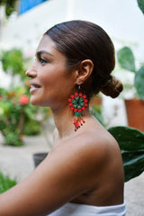 red pomegranate beaded fringe earrings side view