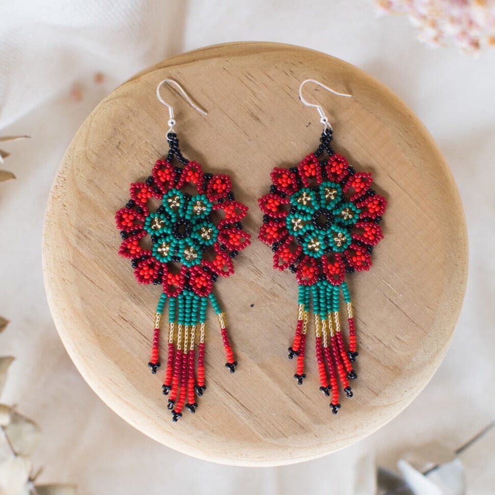 red pomegranate handmade beaded fringe earrings