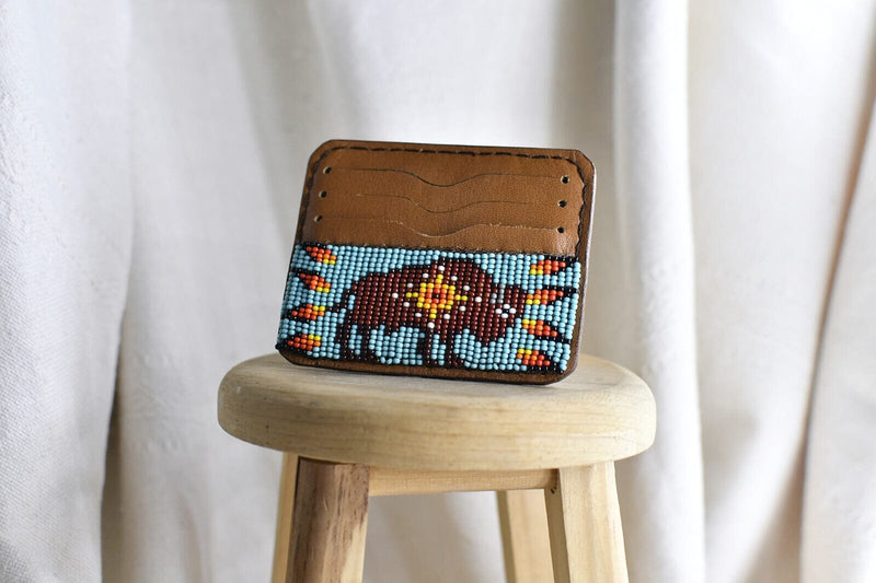 prairie king buffalo brown teal beaded credit card wallet leather accessory