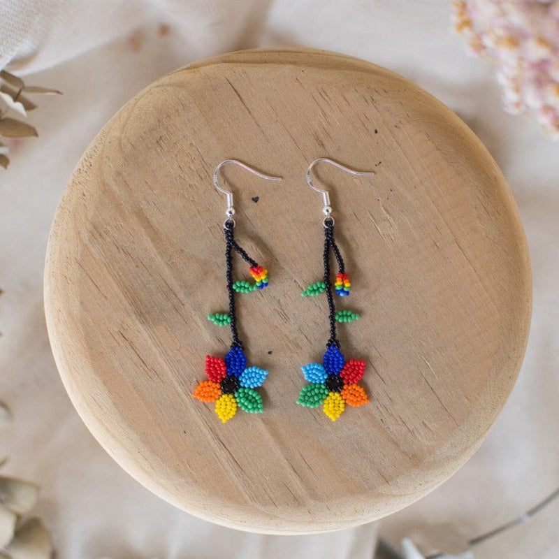 rainbow flower dangle beaded earrings