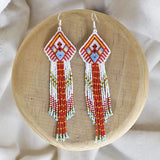 red white blue fox native american fringe beaded earrings