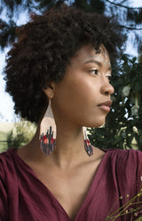 woman wearing Rio Vista gray teal cactus fringe beaded earrings