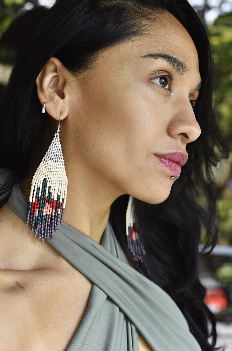 woman wearing Rio Vista gray teal cactus fringe beaded earrings