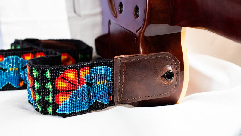 close up Rising Glory blue dove beaded Guitar Strap black red yellow green adjustable leather on guitar