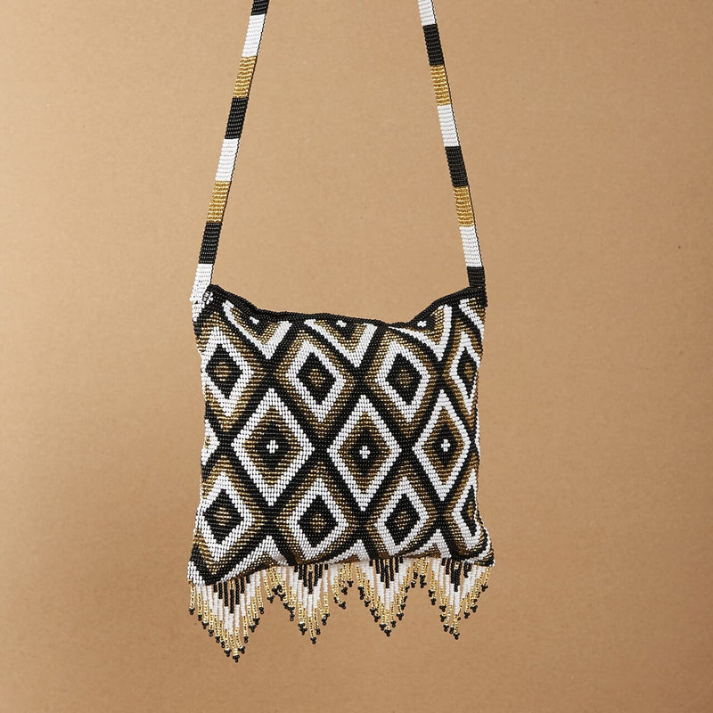 white gold black diamond beaded purse bag fringe