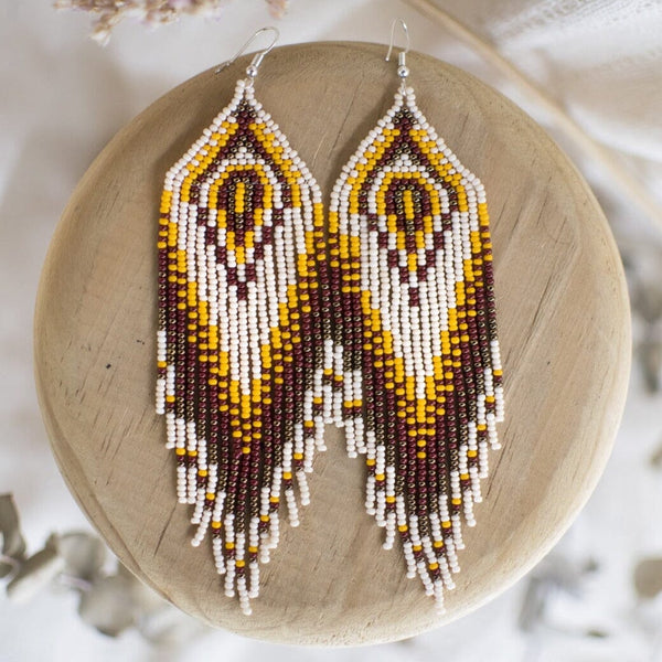 sandy white brown yellow fringe beaded earrings