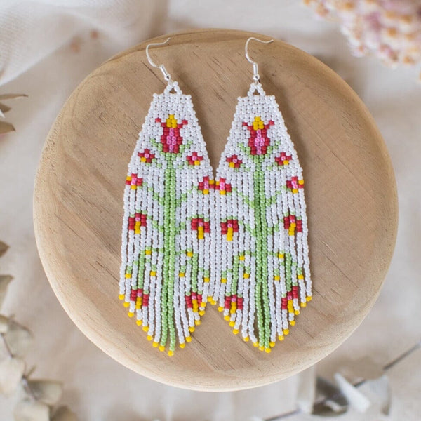 White green and red Flowerbug fringe beaded earrings