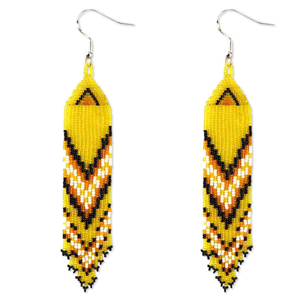 yellow black white hawktail micro fringe beaded earrings
